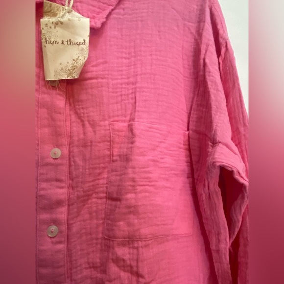 NEW HEM & THREAD Gauze Button Up Shirt Summer Heat Candy Pink Size Medium - Picture 2 of 7